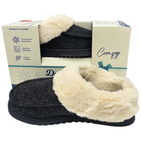 Dearfoams Women's Memory Foam Slippers Faux Fur Slip On Indoor Outdoor Black - Picture 1 of 4